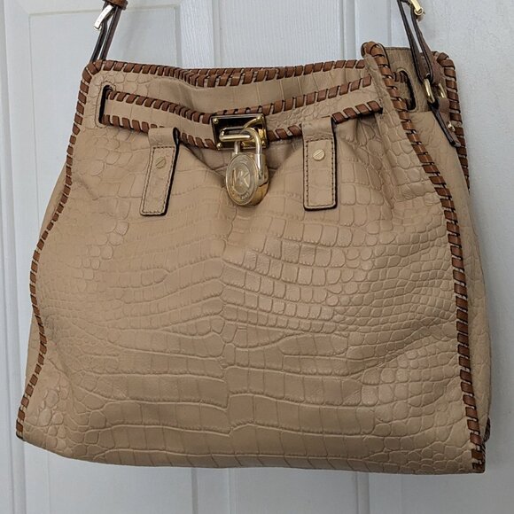 MICHAEL KORS Beige Croco Large Hamilton Whip-Stitch Chain Shoulder Bag  Satchel - Picture 2 of 15